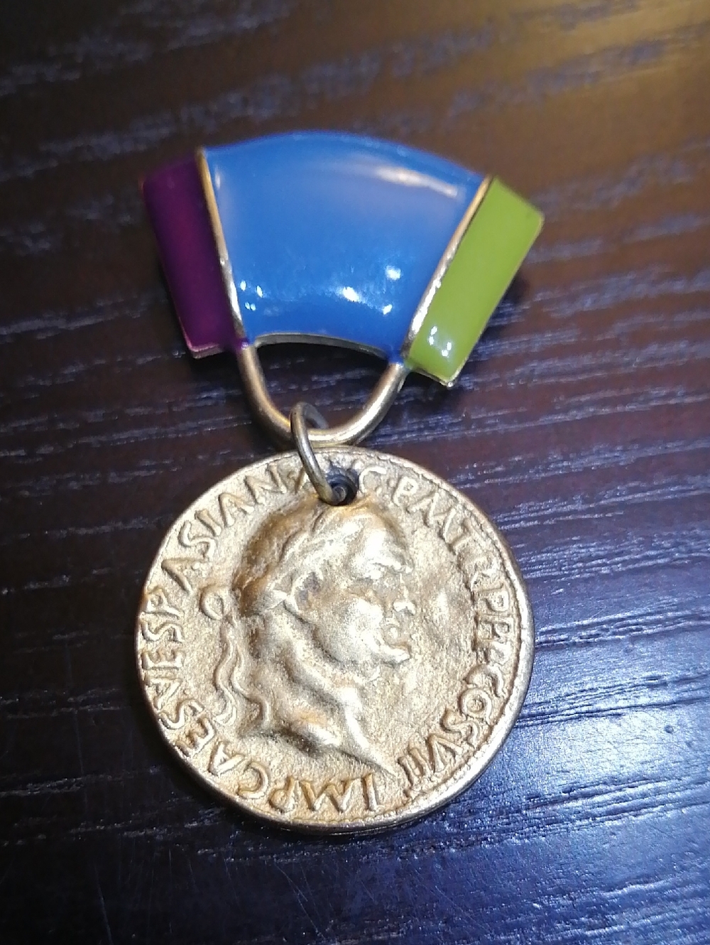 M.J.ENT VINTAGE Gold ToBrooch Enamel Ribbon Medal Pendant in Blue, Lime & Purple